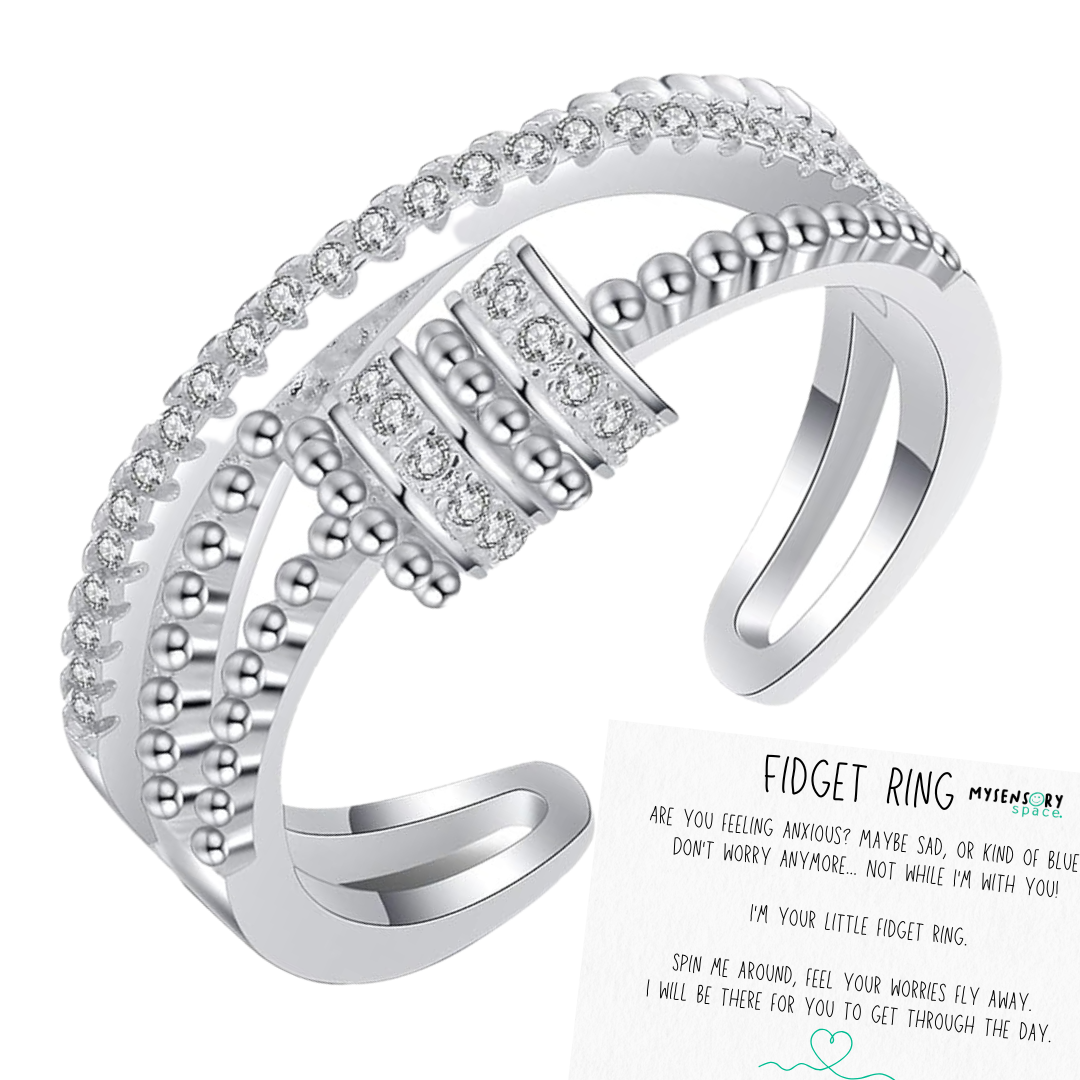 Diamond Bead Fidget Ring Adjustable - Silver
